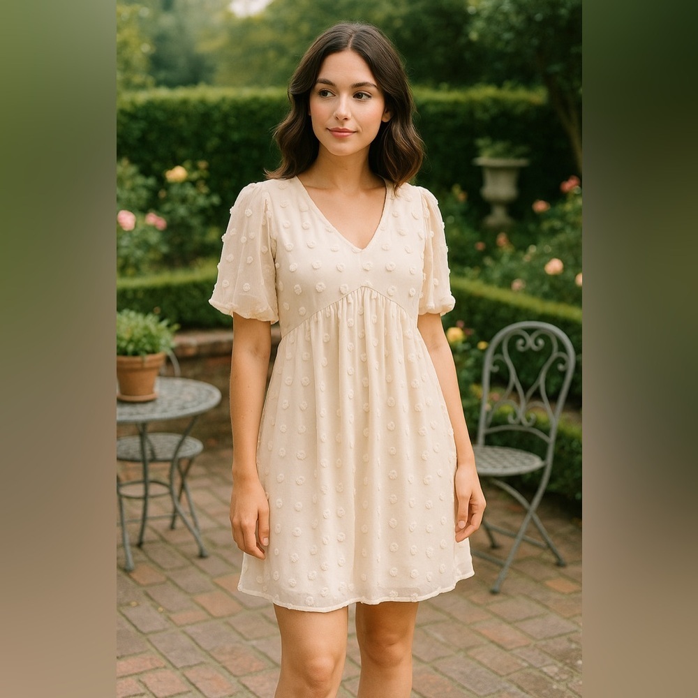 NWOT Babydoll Dress Pom Pom Puff V Neck Cream Fairy Princess Oversized Size S M 